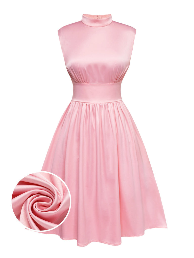 [Pre-Sale] Pale Pink 1950s Solid Stand Collar Satin Dress