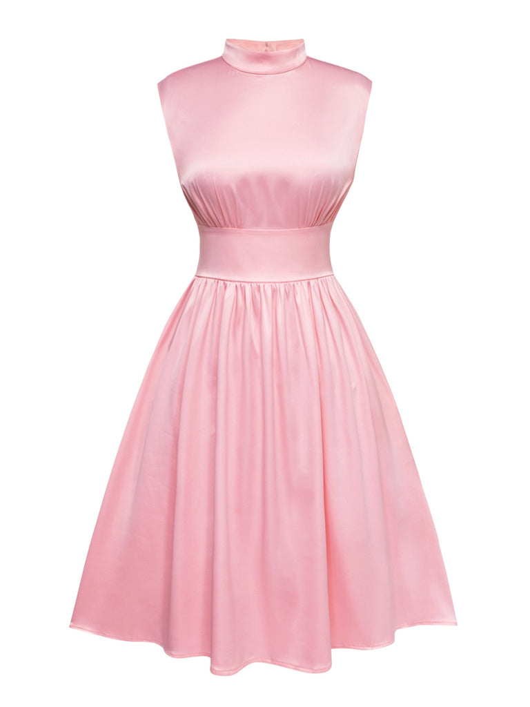 [Pre-Sale] Pale Pink 1950s Solid Stand Collar Satin Dress