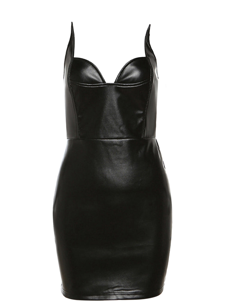 Black 1980s Solid Steampunk Leather Pencil Dress