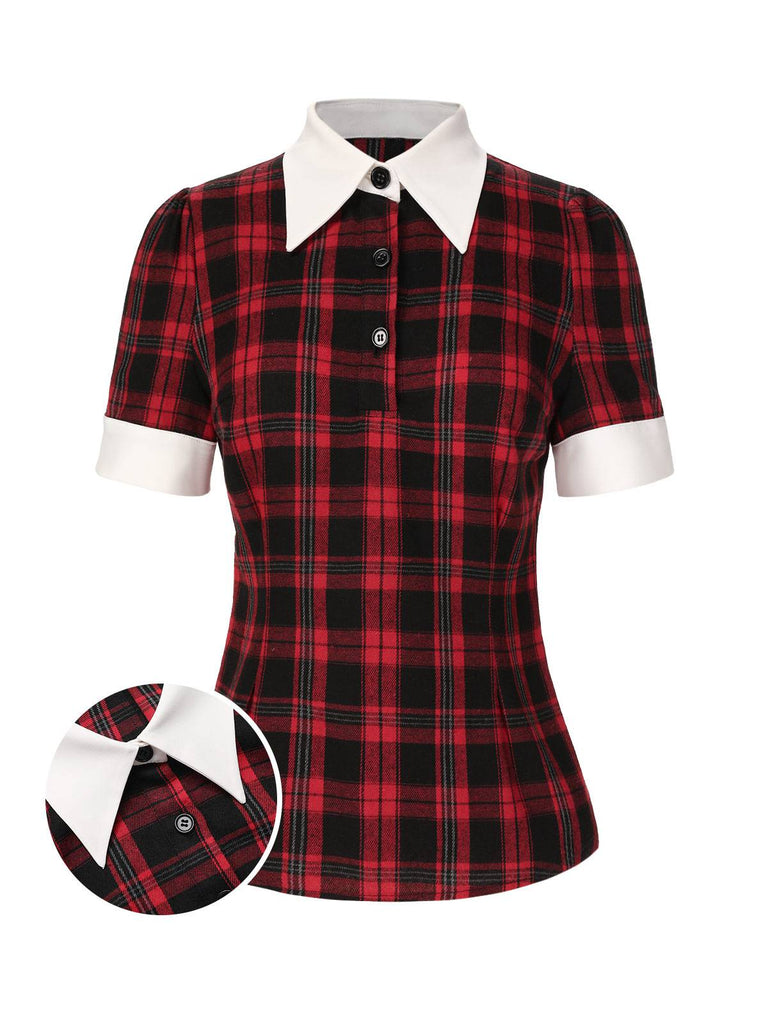 [Pre-Sale] Red 1930s Shirt Collar Gingham Plaid Top