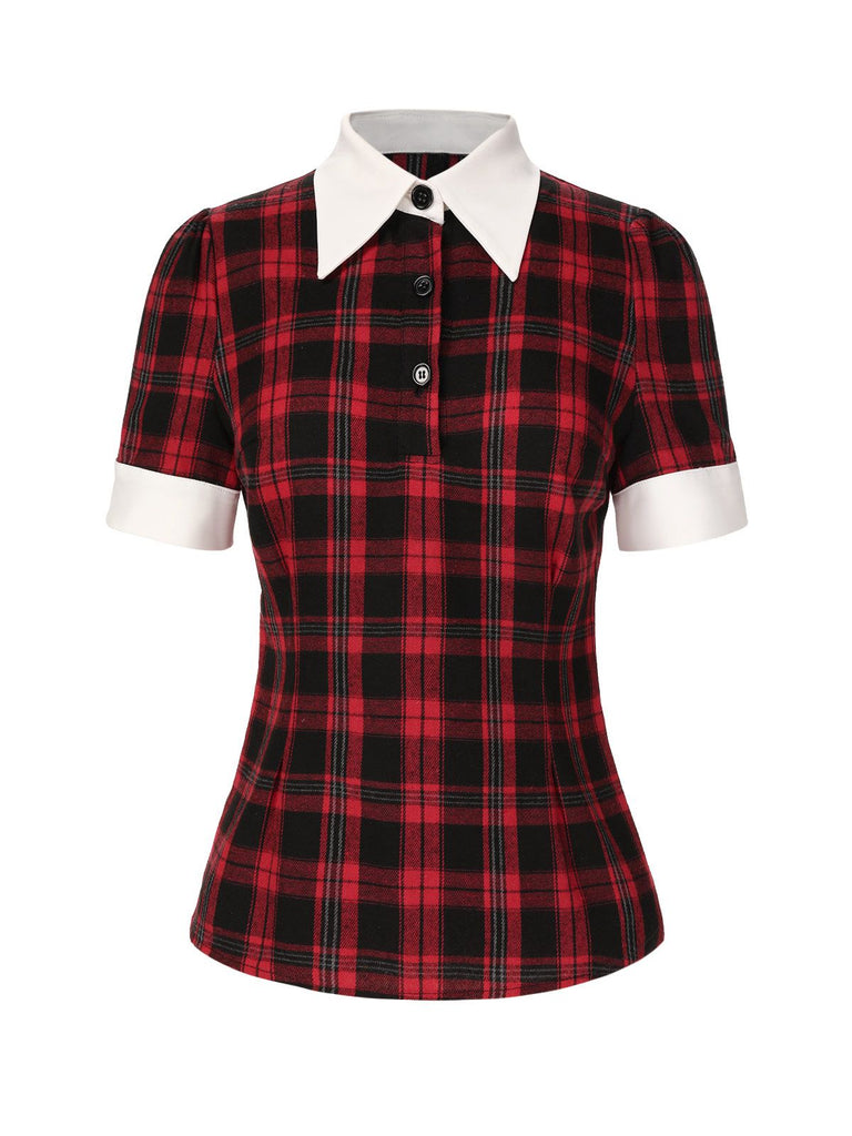 [Pre-Sale] Red 1930s Shirt Collar Gingham Plaid Top