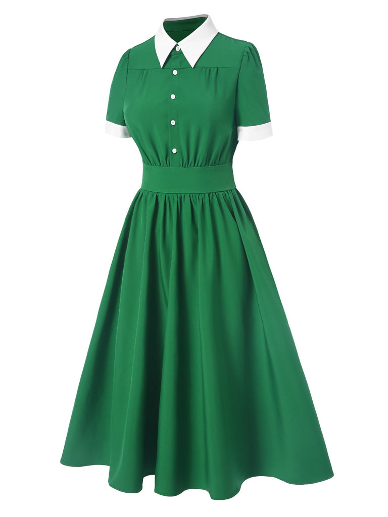 [Pre-Sale] Green 1940s Contrast Shirt Collar Dress