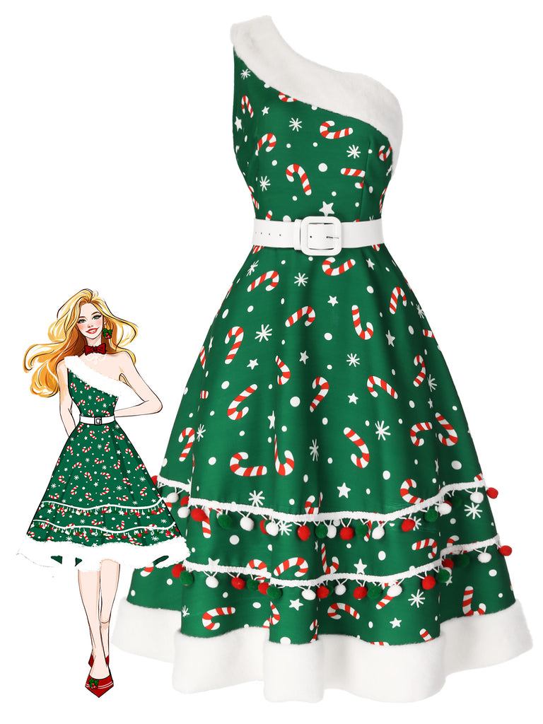 Green 1950s Candy Cane One-Shoulder Dress