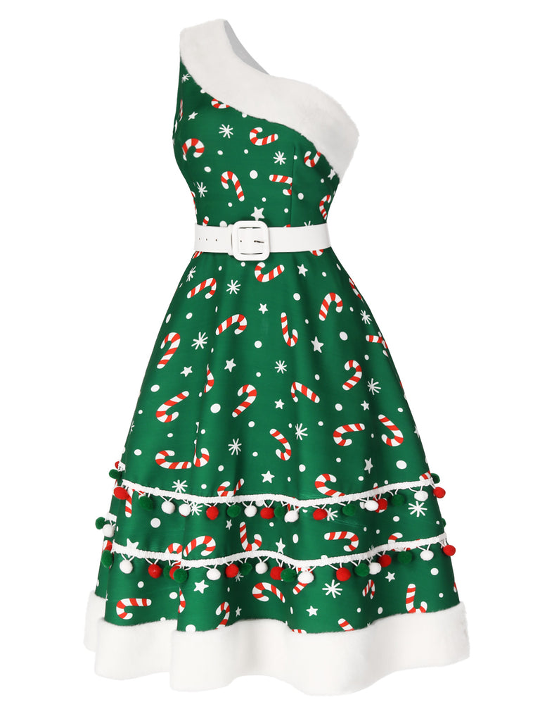 Green 1950s Candy Cane One-Shoulder Dress