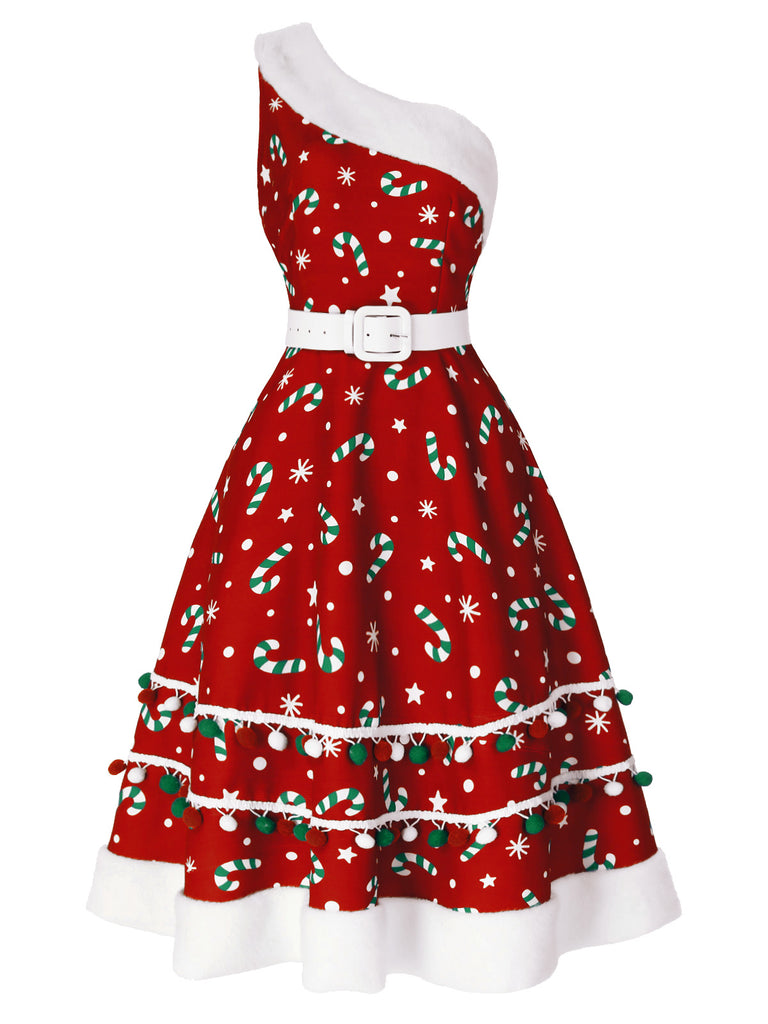 Green 1950s Candy Cane One-Shoulder Dress