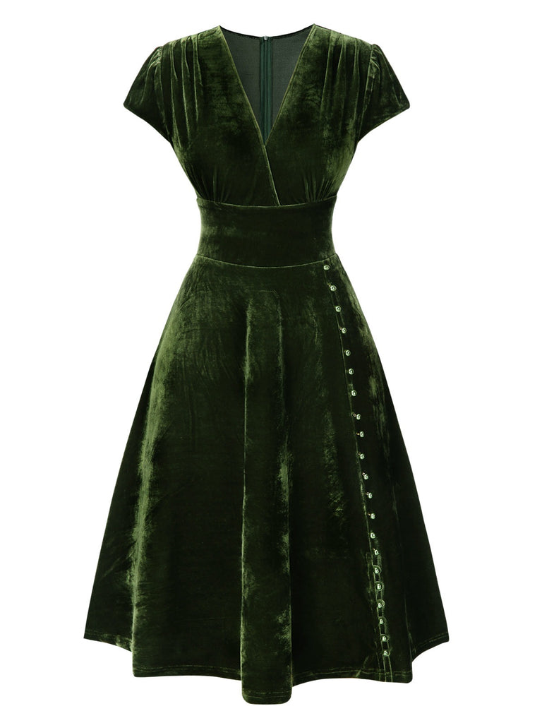 [Pre-Sale] Green 1940s Deep V-Neck Pearl Velvet Dress