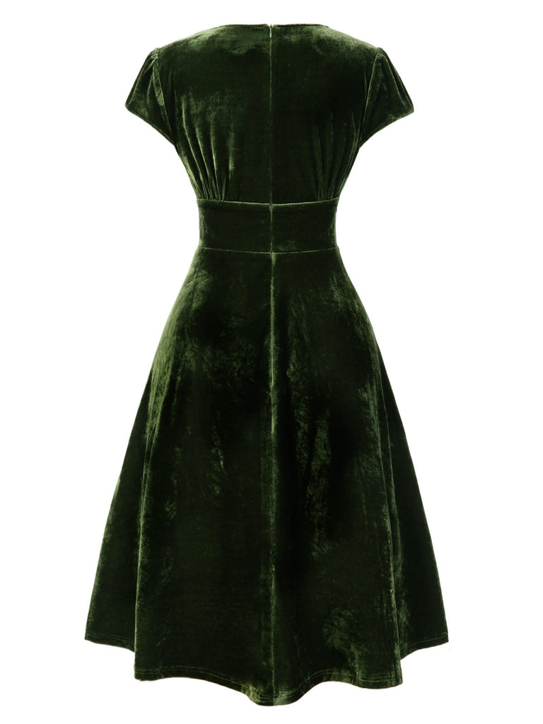 Green 1940s Deep V-Neck Pearl Velvet Dress