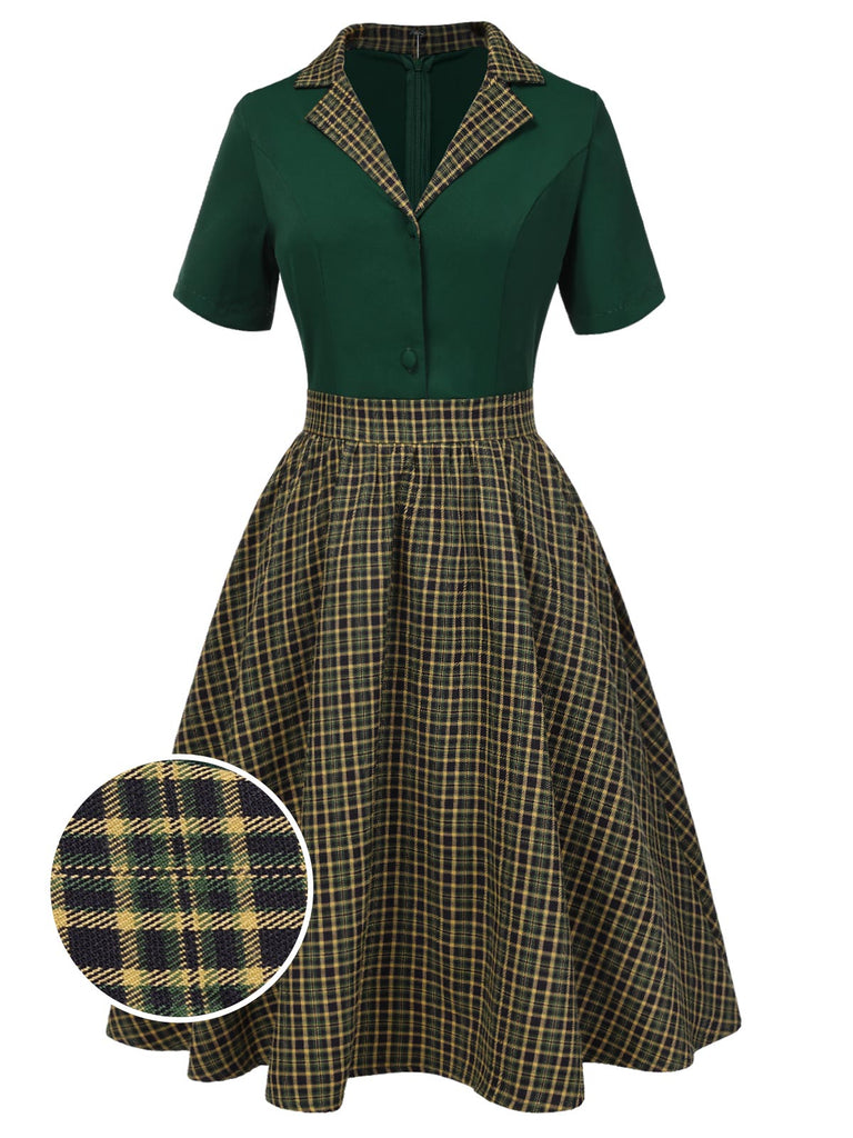 [Pre-Sale] Green 1950s Plaid Patchwork Lapel Dress