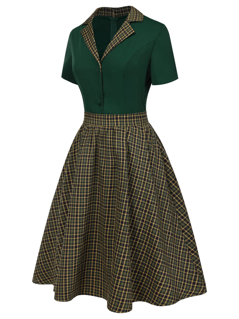 [Pre-Sale] Green 1950s Plaid Patchwork Lapel Dress