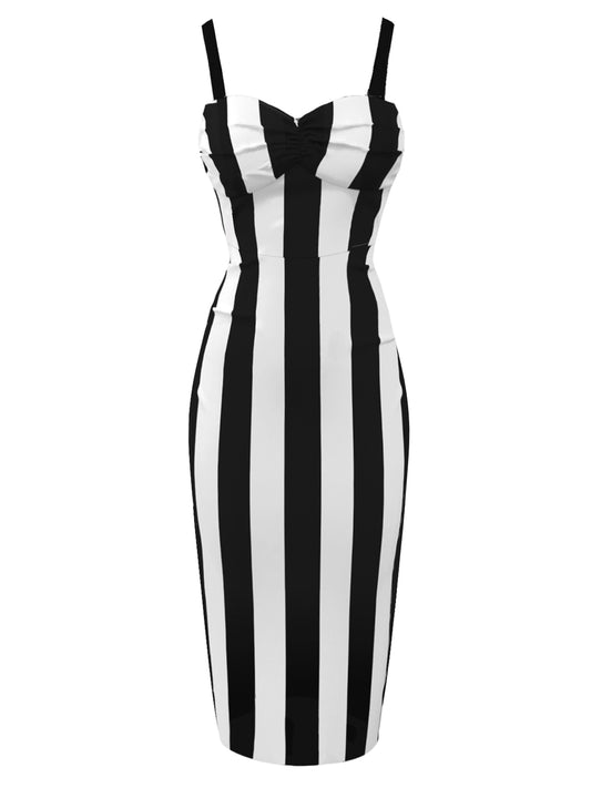 [Pre-Sale] Black 1960s Vertical Stripe Straps Pencil Dress