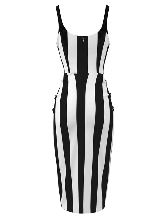 [Pre-Sale] Black 1960s Vertical Stripe Straps Pencil Dress