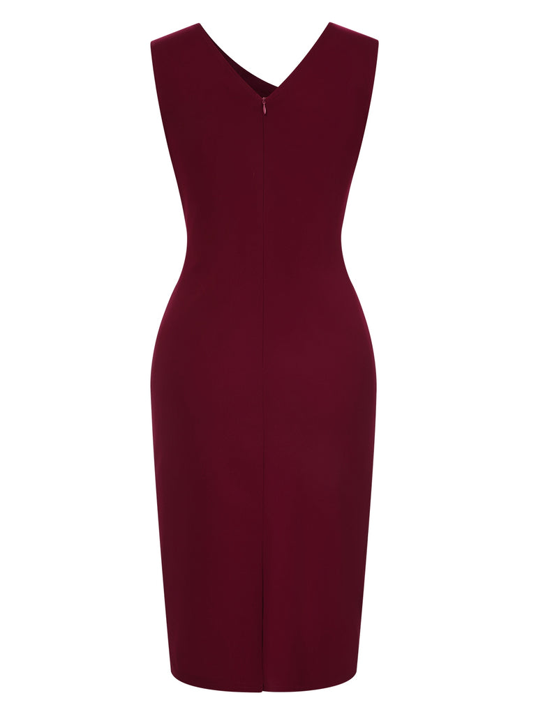 Wine Red 1960s Solid Ruffle Trim Pencil Dress