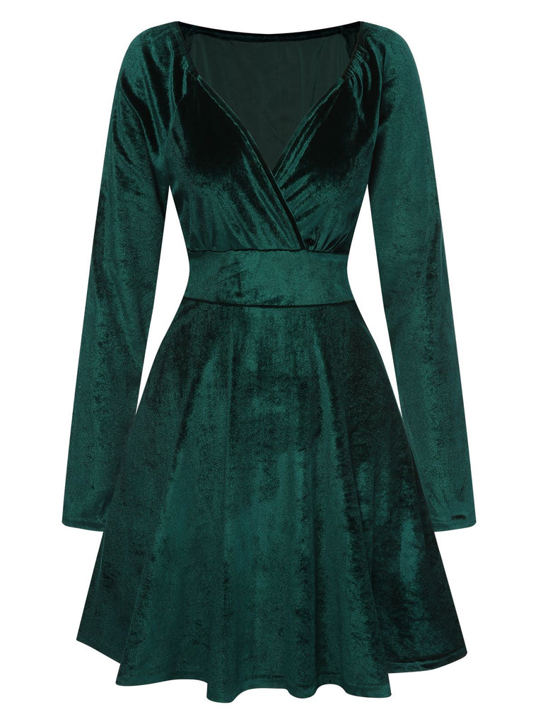 1960s V-Neck Velvet Long Sleeve A-Line Dress