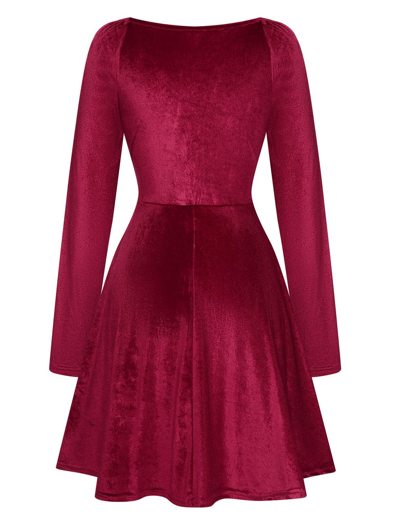 1960s V-Neck Velvet Long Sleeve A-Line Dress