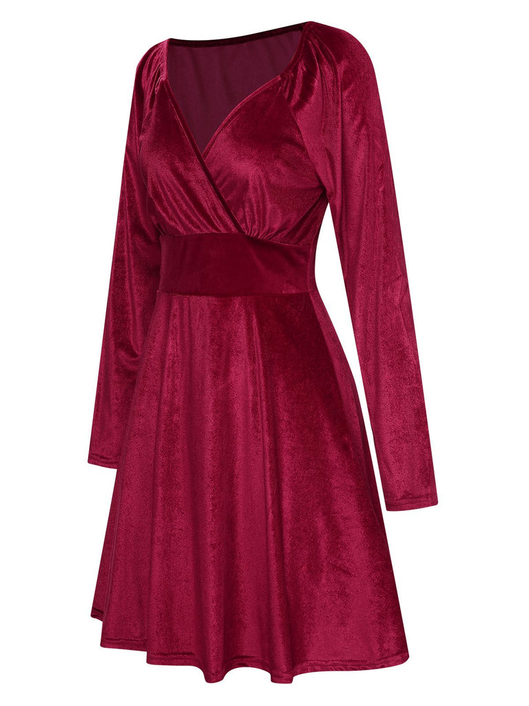 1960s V-Neck Velvet Long Sleeve A-Line Dress