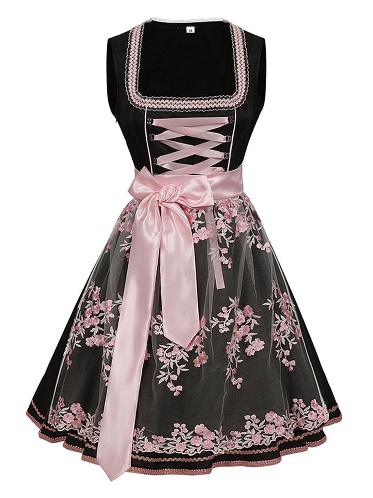 2PCS Black 1950s Oktoberfest Dress With Embroidered Apron