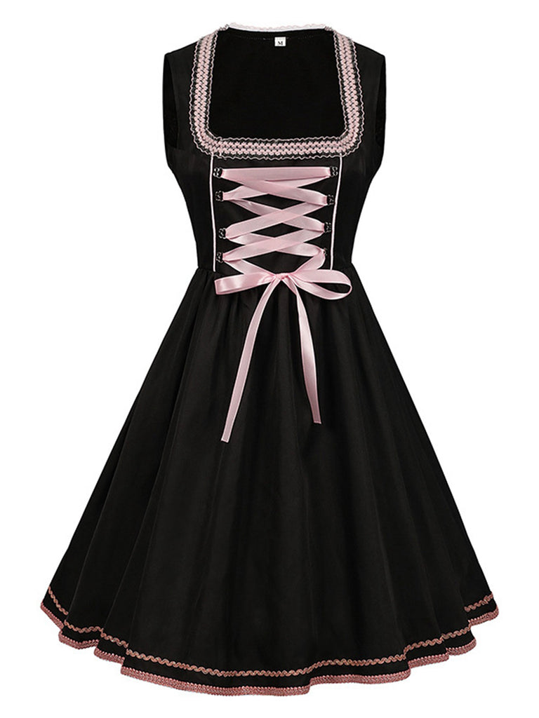 2PCS Black 1950s Oktoberfest Dress With Embroidered Apron