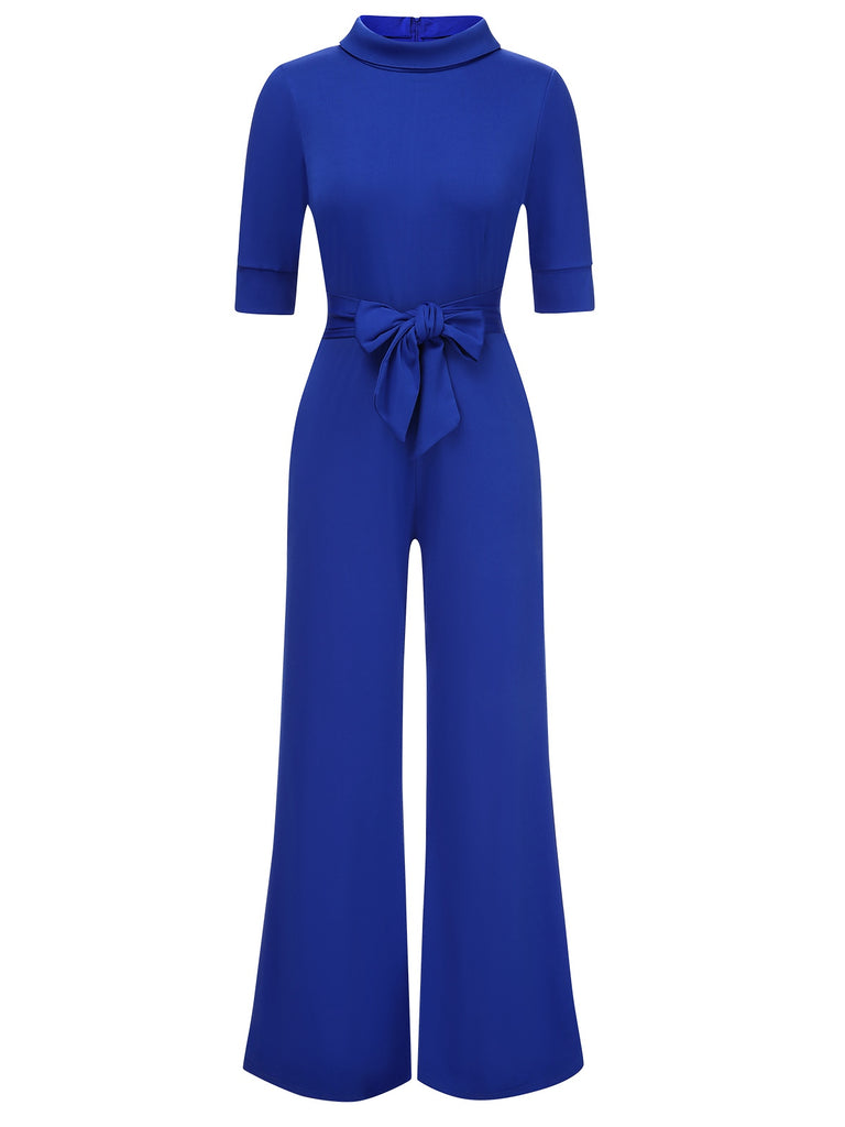 1930s Solid Rolled Collar Belted Jumpsuit