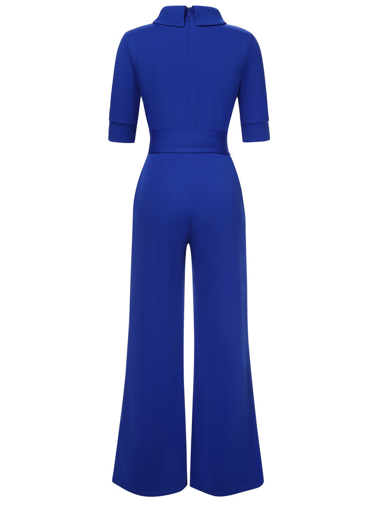 1930s Solid Rolled Collar Belted Jumpsuit