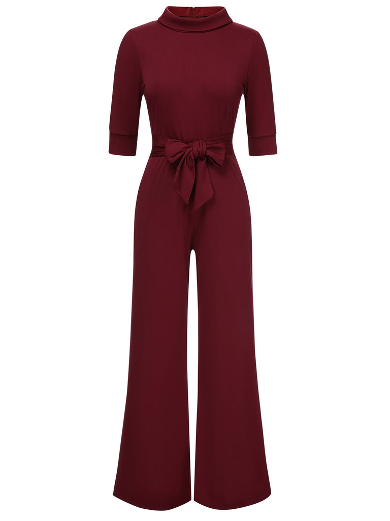 1930s Solid Rolled Collar Belted Jumpsuit