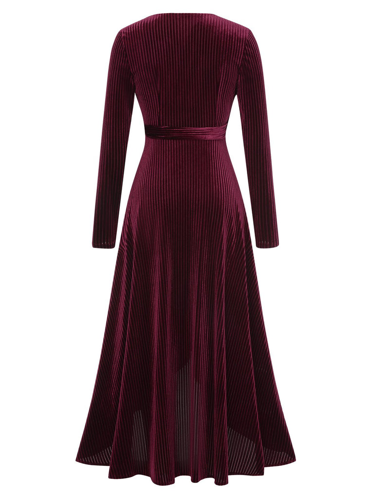 1930s Solid V-Neck Corduroy Slit Dress