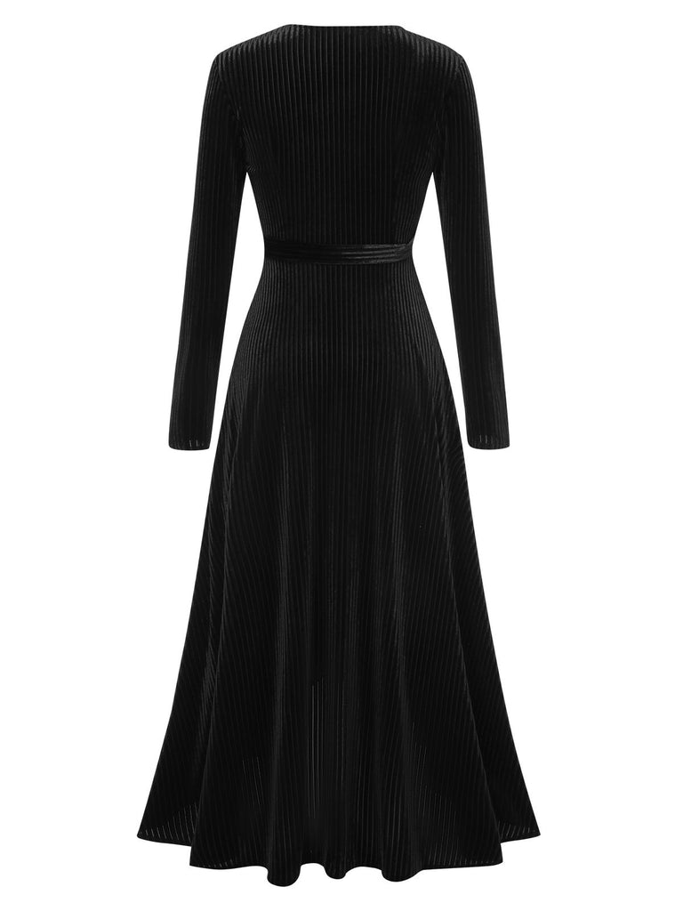 1930s Solid V-Neck Corduroy Slit Dress