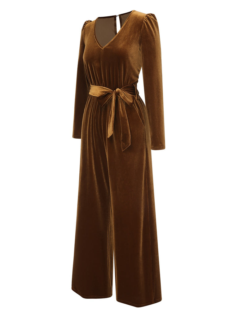 Dark Brown 1930s Solid V-Neck Velvet Jumpsuit