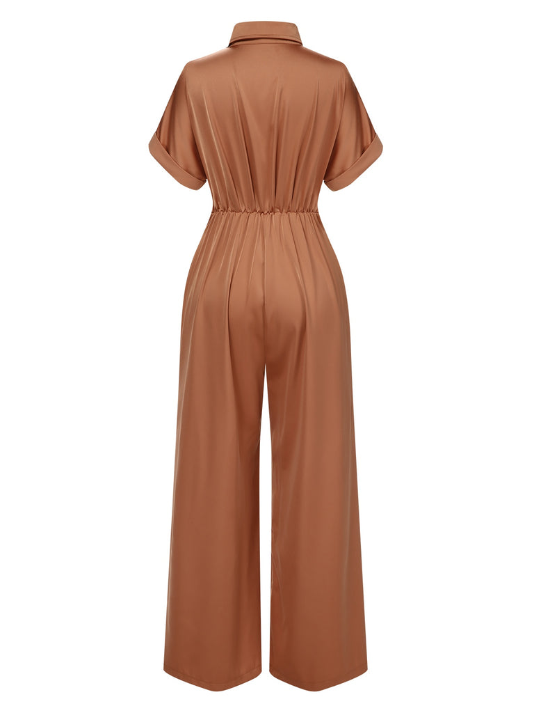 Light Brown 1930s Solid Belted Jumpsuit