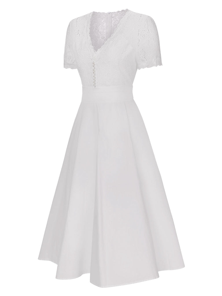 White 1940s V-Neck Lace Patchwork Dress