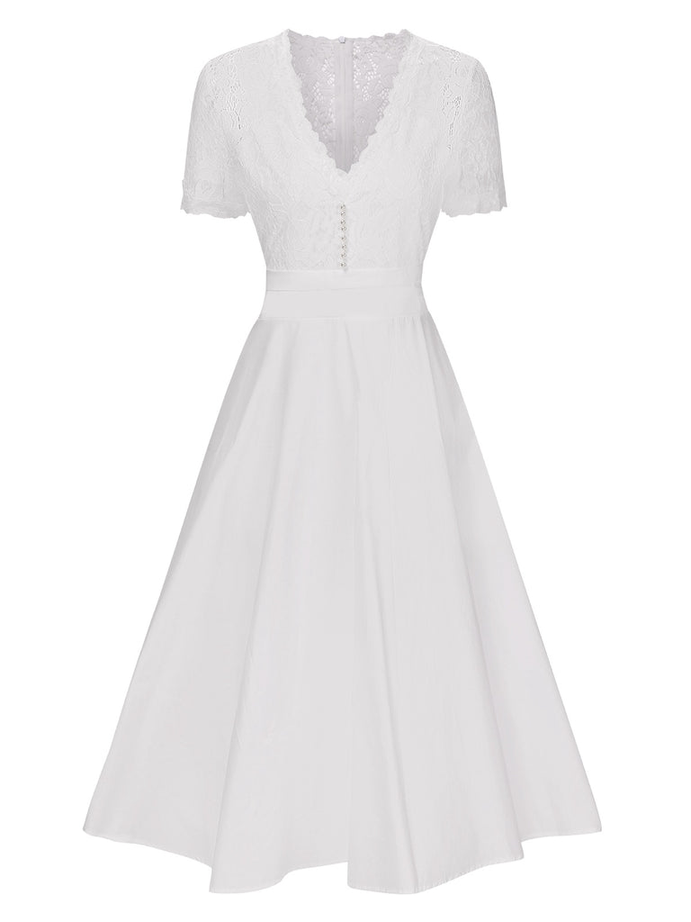 White 1940s V-Neck Lace Patchwork Dress