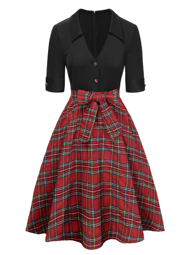 [Pre-Sale] Black 1940s Bowknot Plaid Patchwork Lapel Dress