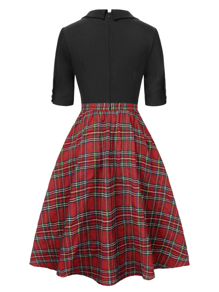 [Pre-Sale] Black 1940s Bowknot Plaid Patchwork Lapel Dress