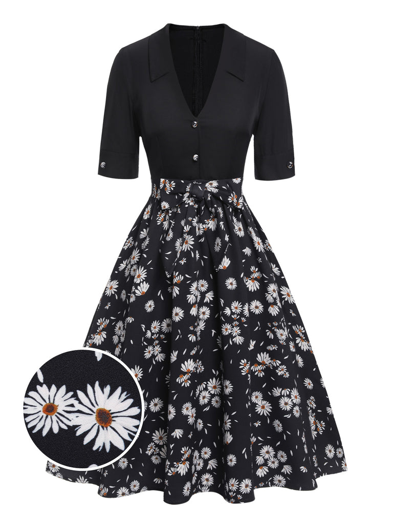 [Pre-Sale] Black 1940s Bowknot Floral Patchwork Lapel Dress