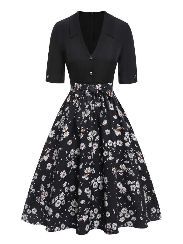 [Pre-Sale] Black 1940s Bowknot Floral Patchwork Lapel Dress