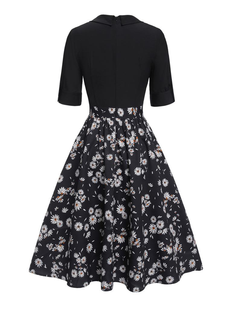 [Pre-Sale] Black 1940s Bowknot Floral Patchwork Lapel Dress