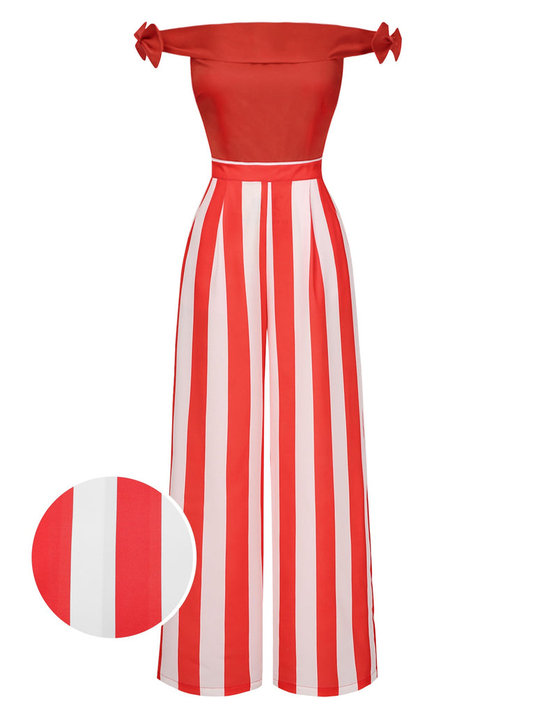 [Pre-Sale] Red 1930s Off-Shoulder Vertical Stripes Jumpsuit