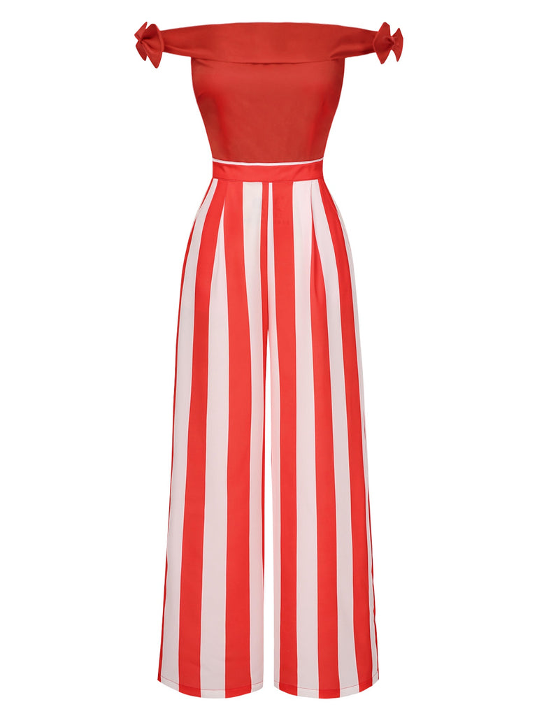 [Pre-Sale] Red 1930s Off-Shoulder Vertical Stripes Jumpsuit