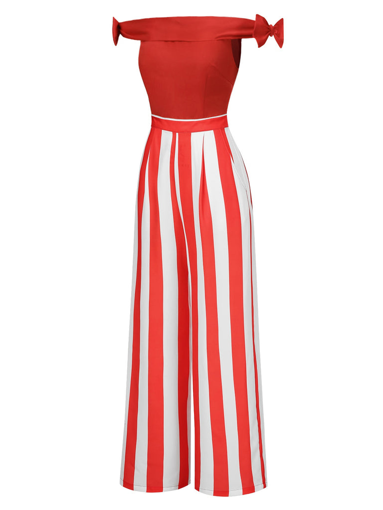 [Pre-Sale] Red 1930s Off-Shoulder Vertical Stripes Jumpsuit