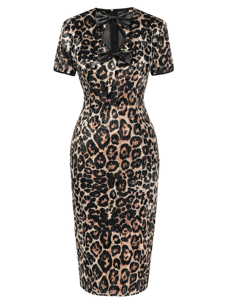 [Pre-Sale] Brown 1960s Leopard Hollow Bow Dress