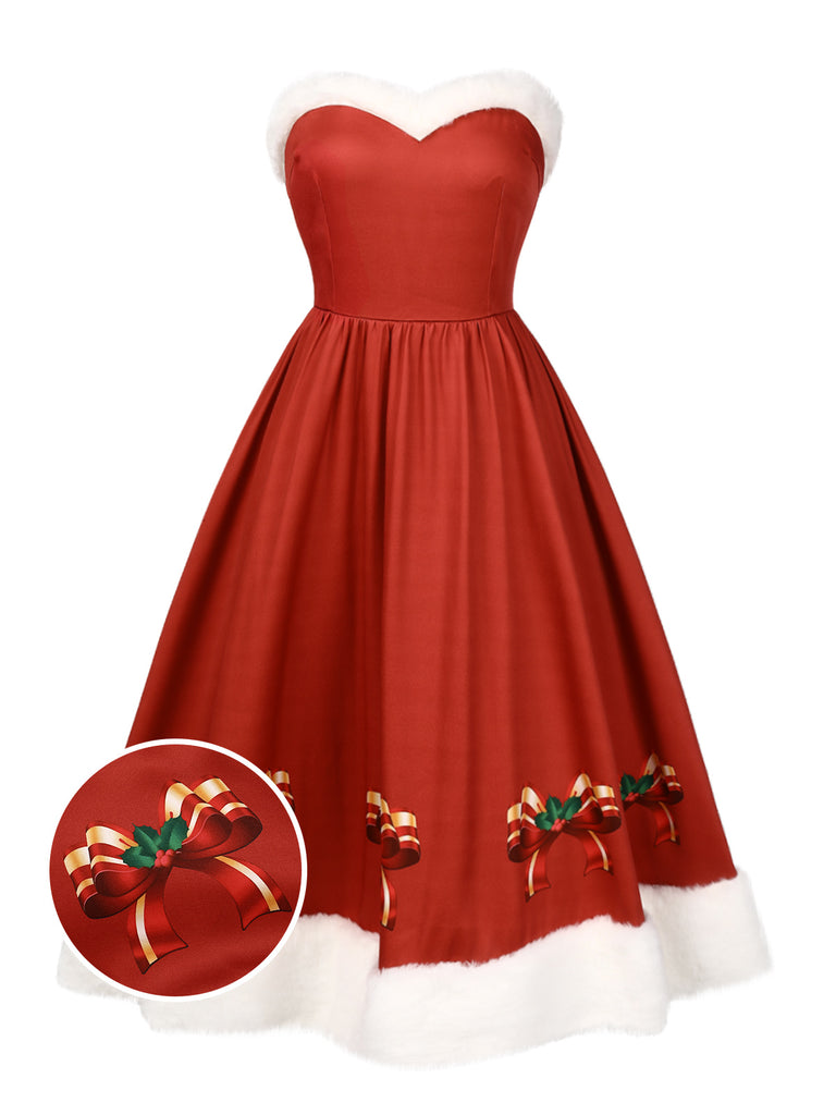 Red 1950s Christmas Strapless Bow Fur Trim Dress