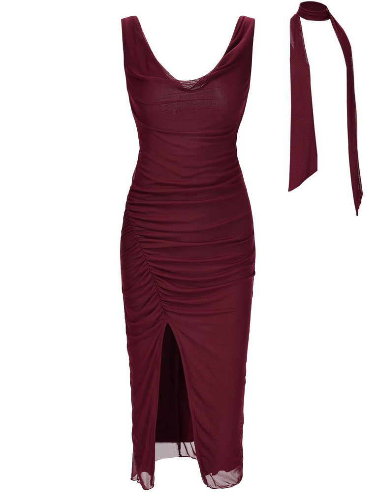 Wine Red 1960s Scarf Slit Backless Dress