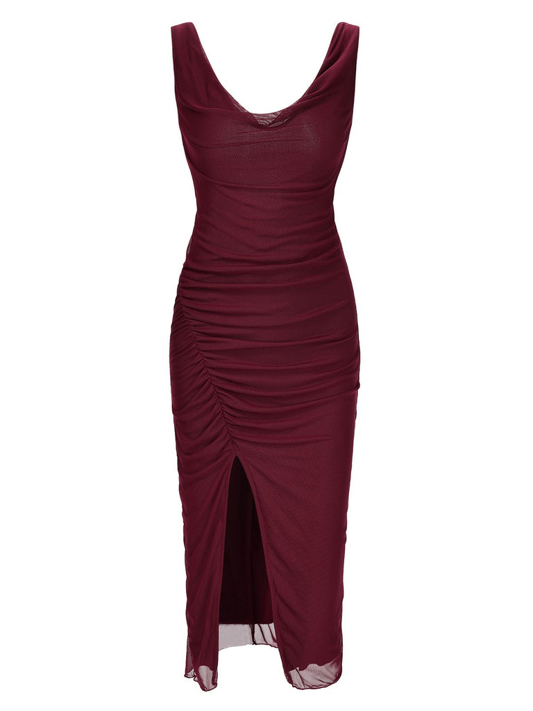 Wine Red 1960s Scarf Slit Backless Dress