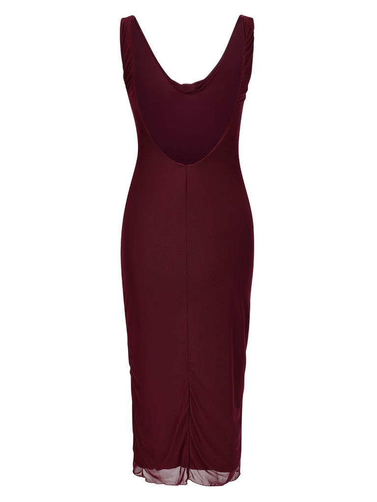 Wine Red 1960s Scarf Slit Backless Dress