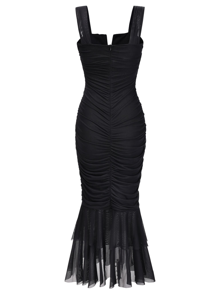 1930s Solid Pleated Wide Strap Fishtail Dress