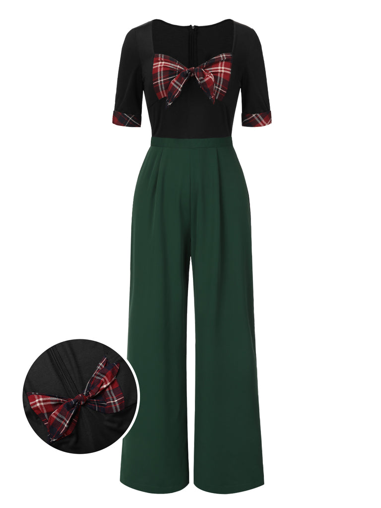 [Pre-Sale] Green 1940s Sweetheart Patchwork Plaid Bow Jumpsuit