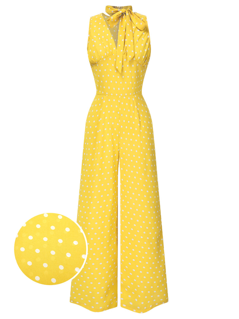 [Pre-Sale] Yellow 1960s Polka Dot Deep V-Neck Bow Jumpsuit