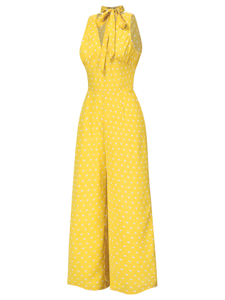 [Pre-Sale] Yellow 1960s Polka Dot Deep V-Neck Bow Jumpsuit