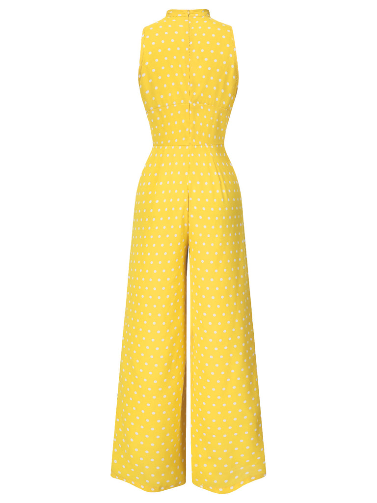 [Pre-Sale] Yellow 1960s Polka Dot Deep V-Neck Bow Jumpsuit