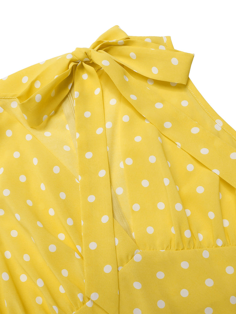 [Pre-Sale] Yellow 1960s Polka Dot Deep V-Neck Bow Jumpsuit