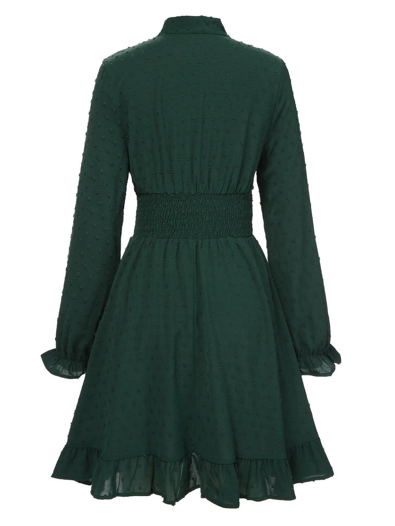 Green 1940s Solid Textured Bow Collar Dress